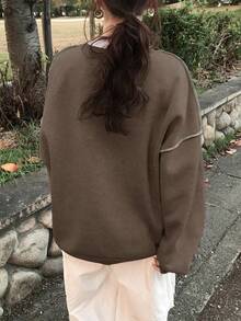 FRIFUL 女士撞色五角星印花圆领落肩长袖休闲卫衣 - 咖啡棕 - 查看 5