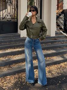 SHEIN Unity Encore Red Loose Design PU Leather Jacket - Olive Green - View 3