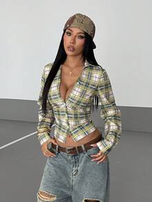 StreetHx 女士街头风格子收腰单排扣休闲衬衫 - 黃色 - 查看 5