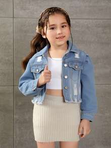 SHEIN 少女蓝色牛仔破洞宽松翻领长袖短夹克 - 中等水洗藍 - 查看 4