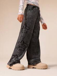 SUMWON Quần jeans ống rộng rách cho bé gái tuổi teen - Quần denim ống rộng cổ điển giặt sạch có chi tiết rách - màu đen - Xem 1