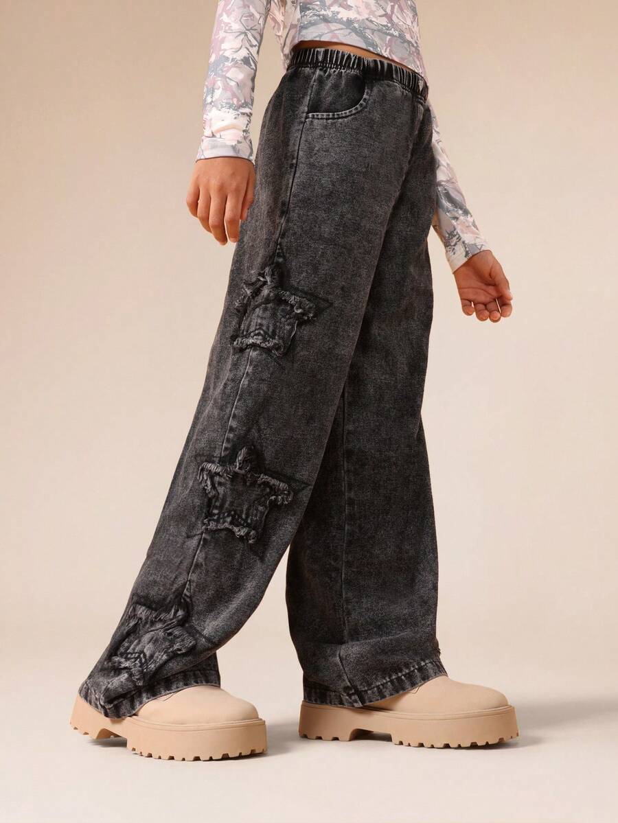 SUMWON Quần jeans ống rộng rách cho bé gái tuổi teen - Quần denim ống rộng cổ điển giặt sạch có chi tiết rách - màu đen - Xem 1