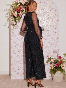 Loomaby Pregnant Women's Crossover V-Neck Mesh Lantern Sleeve Wide Leg Jumpsuit,Gender Reveal Dress,Maternity Dress, Baby Shower Dress Black Sequin Jumpsuit Mesh Jumpsuit Black Wedding Guest Dress Luxury Dress For Women Sheer Jumpsuit - Black - View 2