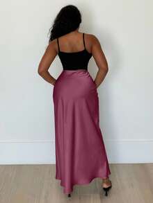 Alexandranx High Waist Solid Maxi Satin Skirt Burgundy Color Women Outfit - Burgundy - View 2