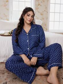 FloralLove Bộ đồ ngủ tay dài cổ bèo nhún họa tiết hoa cỡ lớn, quần áo mùa thu đông - Màu xanh hải quân - Xem 1