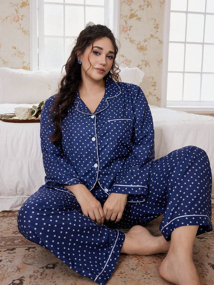 FloralLove Bộ đồ ngủ tay dài cổ bèo nhún họa tiết hoa cỡ lớn, quần áo mùa thu đông - Màu xanh hải quân - Xem 1