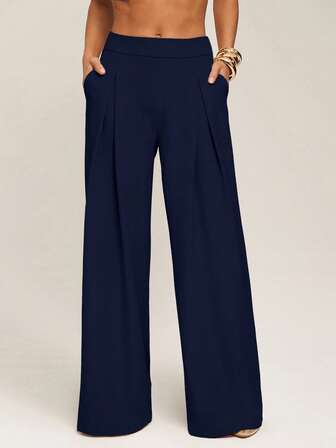 Silquee Women's Casual Solid Color Loose Pocket Pants Wide Leg Pants Pants Pleated Pants Loose Pants In Fall/Winter