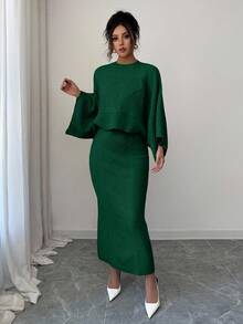 Elenzga Yellow Long Sleeve Top And Straight Skirt 2 Pieces Set, Elegant And Suitable For Party, Commute In Autumn/Winter - Green - View 3