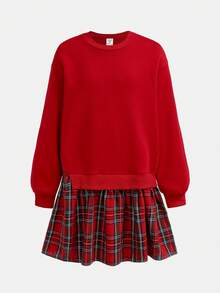 Firerie Kids 少女红色卫衣拼接格子裙连衣裙，复古时尚百搭休闲日常穿着，适合圣诞节、新年、圣诞派对、圣诞礼物、圣诞家庭/姐妹装。 - 紅色 - 查看 6