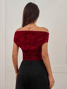 Aloruh Elegant Commuter Solid Color Cut-Out Off Shoulder T-Shirt  Winter Clothes For Women - Burgundy - View 2