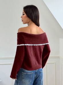 Flirla Suéter corto casual y lindo de mujer con contraste de encaje y hombros descubiertos - Burdeos - Ver 2