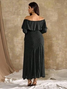 Roveilla 大码女式法式休闲牡丹花卉露肩鱼尾连衣裙 - 黑色 - 查看 2