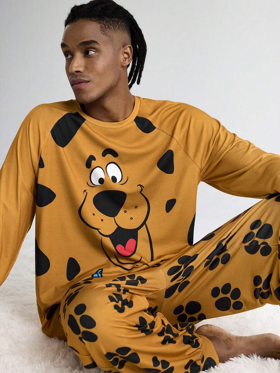 SCOOBY-DOO X SHEIN Men's Casual Dog Print Long Sleeve Top And Pants Loungewear Pajama Set, Autumn Dog Pajamas Pajamas For Women Animal Print Pajama Set Cartoon Pajamas, Fall & Winter Clothes - Brown - View 1