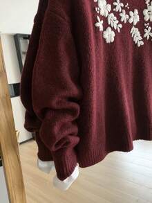 SHEIN Franclia Áo len dài tay cổ tròn thêu họa tiết cổ điển dành cho nữ - Màu Đỏ Sâu - Xem 3