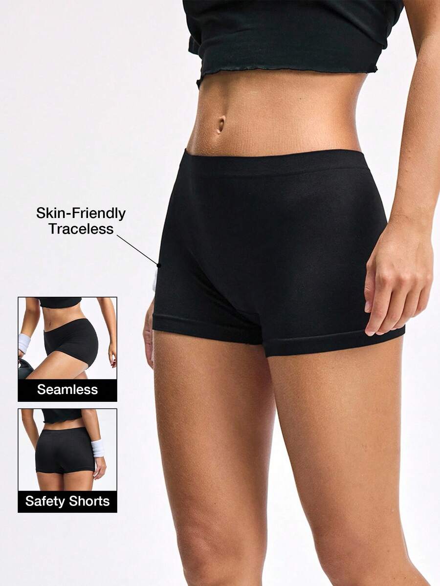 LOUNGEISTA Women's Shorts Mid Waist Elastic Boxer Shorts Seamless Panties Solid Boxer Briefs Under The Skirt Panties Comfy Female Underwear Lingeries Breathable Soft Skin-Friendly Traceless Underpants Flat Corner Pants - Black - View 1