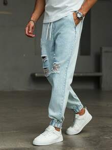 Manfinity Homme Men's Drawstring Waist Pocket Distressed Casual Tapered Jeans