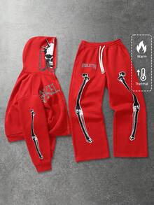 ROMWE MEN Street Life Men's Hooded Sweatsuit, Skeleton Graphic Print Street Style Hoodie Set, Autumn/Winter - Red - View 4