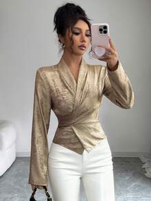 Elenzga 女式衬衫上衣，腰带，交叉领，喇叭袖，时尚基本款外套 - 白色 - 查看 4