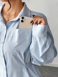 Elenzga Plus Size Women Elegant Solid Color Waist Cinched Long Sleeve Shirt, Versatile For Commuting And Outings