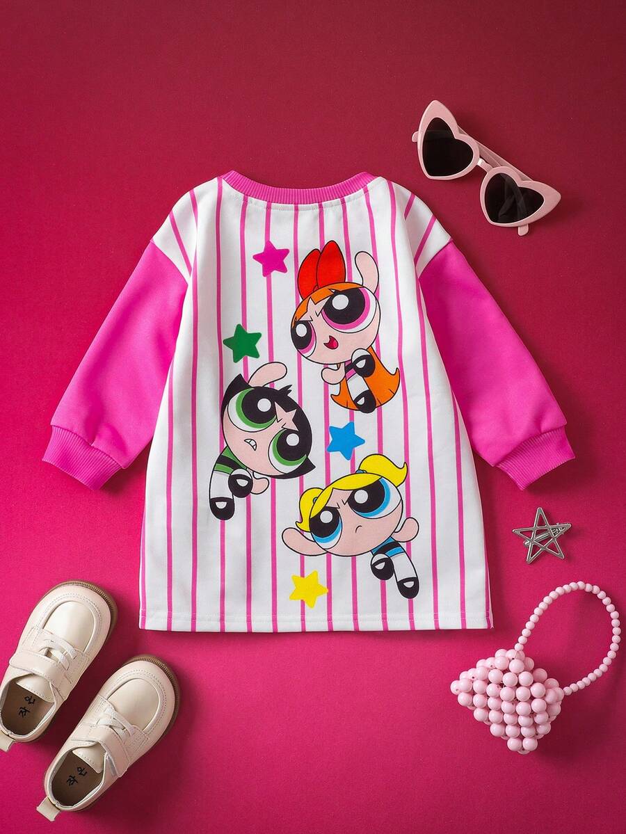 THE POWERPUFF GIRLS X SHEIN Baby Girl Cute Cartoon Blossom, Bubbles, Buttercup Pattern Stripe Print Round Neck Drop Shoulder Long Sleeve Knit Sweet Cute Sweatshirt Dress, Suitable For Autumn/Winter Toddler Girl Clothes Cartoon - Multicolor - View 1