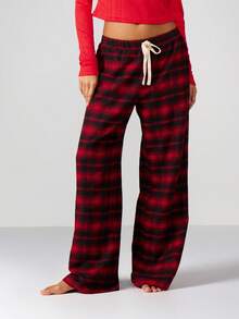 MISSGUIDED Plaid Pajama Set With Ribbed Long Sleeve Top And Drawstring Pants For Winter Comfort - Red - View 5