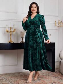 Modelyn Đầm dạ hội dài tay bồng cổ chữ V họa tiết hoa Jacquard cỡ lớn cho nữ - Màu xanh lá cây đậm - Xem 5