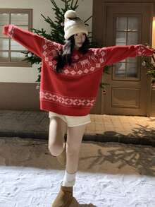 DAZY Women's Reindeer Colorblock Floral Pattern Long Sleeve Sweater, Christmas Style, Autumn/Winter Christmas - Red - View 5