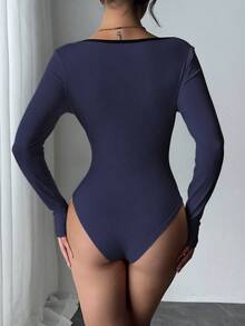 Chiquease Women's Fashion Casual Colorblock Rhinestone Collar Ribbed Bodysuit - Navy Blue - View 2