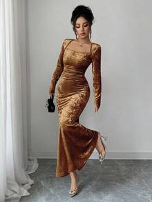 Elenzga Váy ôm body co giãn nhung vàng cổ lọ thời trang thu đông cho nữ, váy midi nhún eo thanh lịch viền đuôi cá cho đi làm và những dịp trang trọng - màu nâu - Xem 4