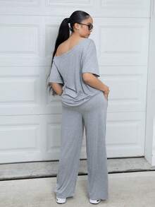 Melissa Matos Conjunto de dos piezas de camiseta sin hombros y pantalones anchos de chándal minimalista, para uso diario, salir y hacer deporte, cómodo estilo urbano de verano para mujeres - Gris - Ver 2