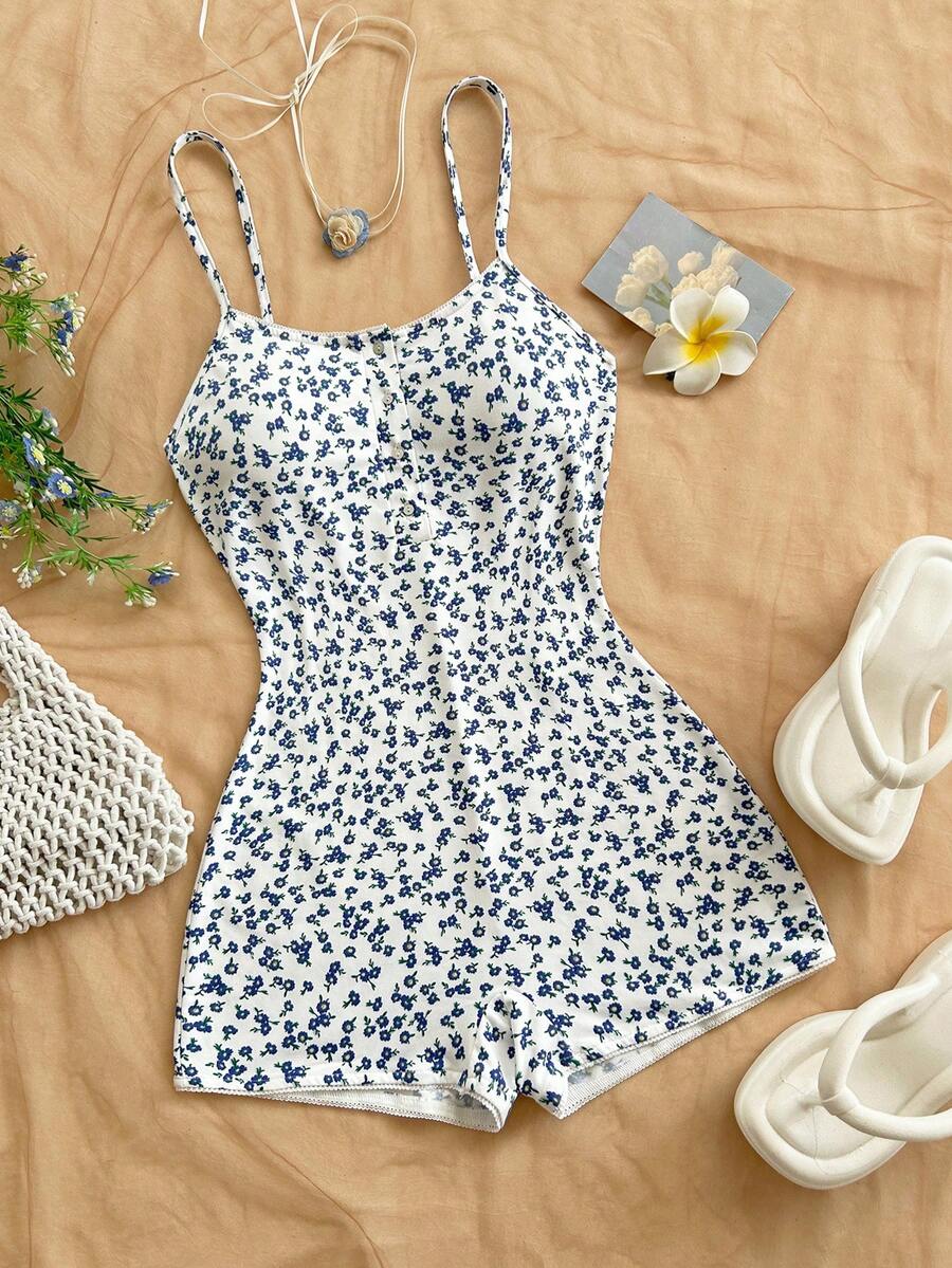 Soleia New Adjustable Strap Ditsy Floral Romper, Suitable For Party, Date, Valentine's Day, Easter, Carnival, Afternoon Tea, Beach, Cruise, City Vacation, Bohemian, Boho, Romantic Floral, Vacation, Floral Beach, Beach Outfit For Women Summer - Multicolor - View 1