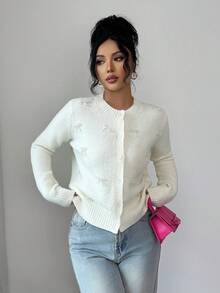 Chiquease Suéter de cárdigan elegante y romántico con perlas para mujer - Beis - Ver 4