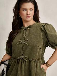 Zelara Plus Size Washed Collar Bow Pocket Dress - Army Green - View 5