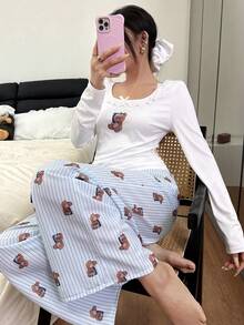 SHEIN Cute Bear Lace Decor Fitted Long Sleeve Top And Loose Comfortable Pants Women Pajama Set Teddy Bear Pajama Set Pajama Sets For Women, Fall & Winter Clothes - White - View 4