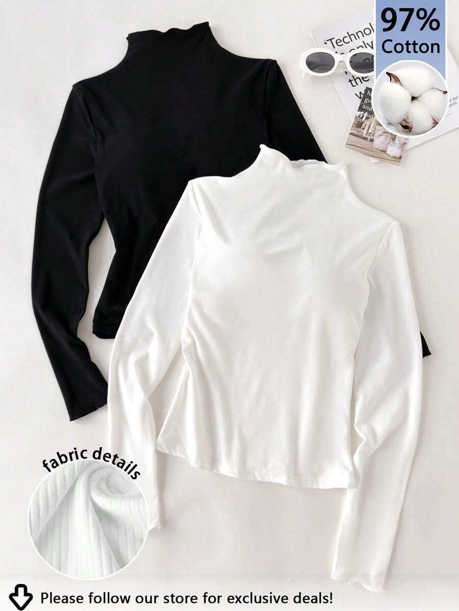 Tseoso 97% Cotton, 2pcs Black & White Casual High Neck Long Sleeve Fitted Long T-Shirt Set For Women, Elegant, Warm And Breathable, Clean Girl Style, Suitable For Autumn & Winter, Vintage, Soft Girl, Home, Back To School, Fall Women Clothes, Versatile - Multicolor - View 1