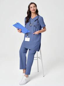 Scrubzie 2件套防皱女士宽松V领撞色长款上衣和裤子工作服套装 - 藍色 - 查看 3