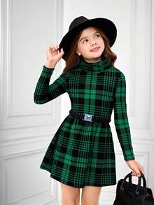 SHEIN 少女格子领长袖圣诞连衣裙 - 綠色 - 查看 7