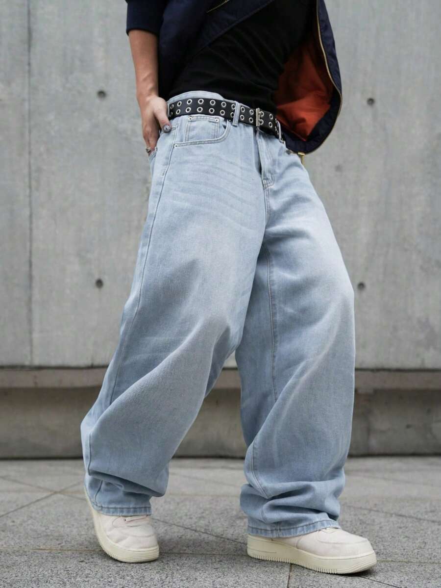 Manfinity EMRG 男士休闲通勤水洗阔腿牛仔裤 - 淺色水洗藍 - 查看 1