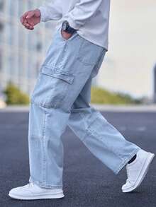 Manfinity Hypemode 宽松男士明线缝制抽绳腰带工装牛仔裤 - 淺色水洗藍 - 查看 6