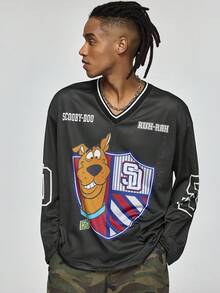 SCOOBY-DOO X SHEIN Áo thun nam tay dài cổ chữ V in hình chú chó thường ngày, mùa thu - màu đen - Xem 5