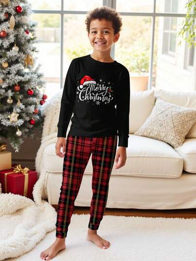 SHEIN Tween Boy Snug Fit Loungewear, Classic Cool Christmas Santa Claus, Christmas Tree, Christmas Gift, Christmas Snowflake, Snowman, Merry Christmas Graphic Print Snug Fit