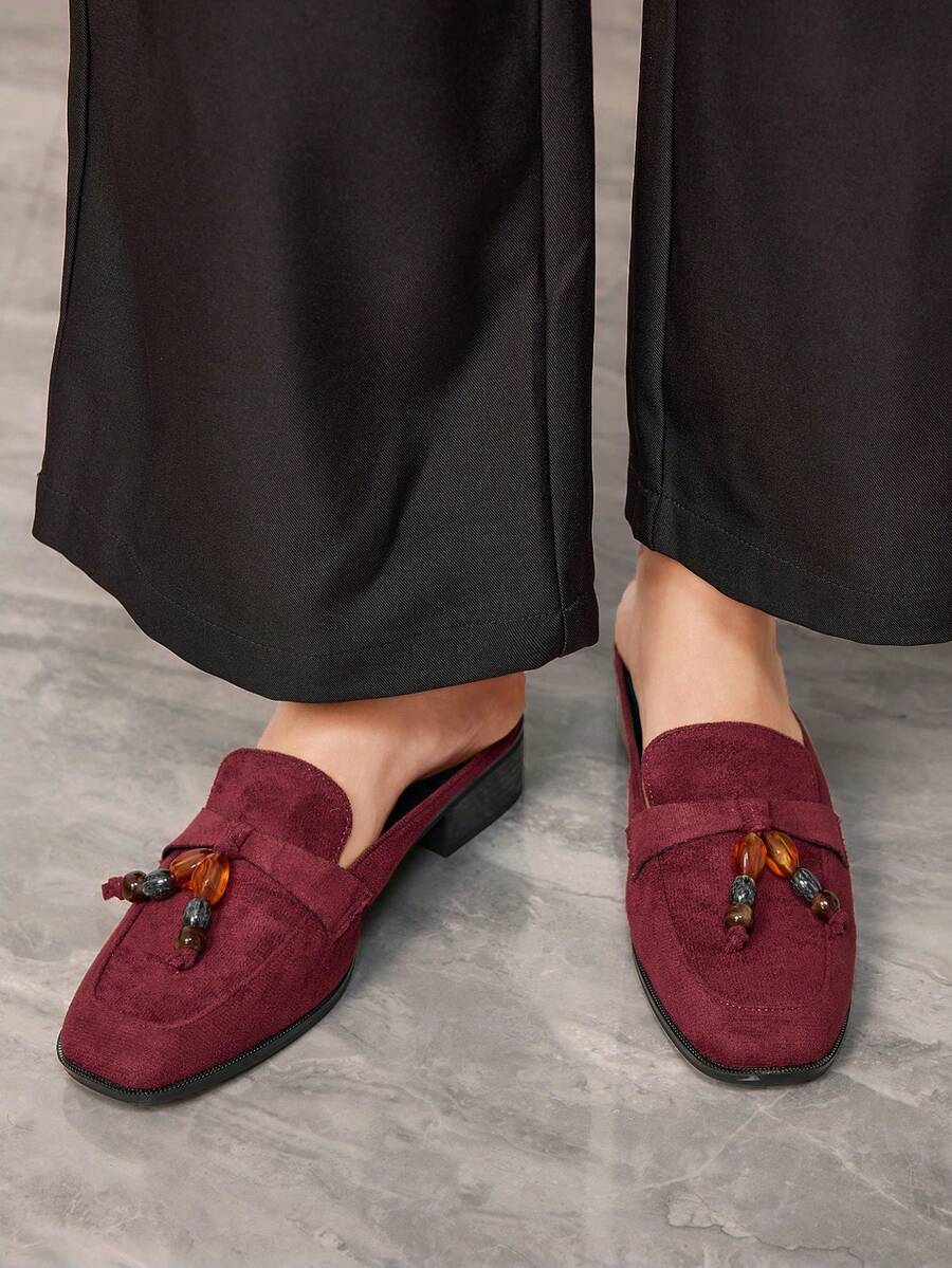 Sleekvia 女士一脚蹬乐福鞋，英伦风粗跟休闲鞋，新款秋/春通勤鞋 - 酒紅色 - 查看 1