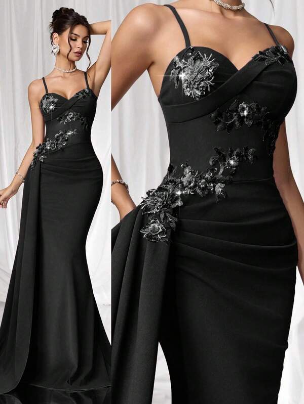 Coutiva Formal Evening Gown (Heavily Embellished) Women's Formal Evening Dress Gown (Heavy Embroidery) Women Rhinestone Embellished Sheer Black Long Evening Gown, Wedding Guest Dress, Elegant Evening Dress, Prom Dress, For Wedding Dress Waist And Chest Slimming, Party Dress, Formal Dress