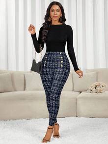 SHEIN Lady Quần legging kẻ caro hai hàng khuy thời trang nữ - Màu xanh hải quân - Xem 7