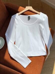 Comfortcana Áo thun nữ tay dài cổ tròn raglan 95% cotton tối giản, thoải mái, màu đen, ôm vừa vặn - trắng - Xem 4