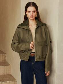 EMERY ROSE Áo khoác đi làm thường ngày bằng da giả có túi khóa kéo dành cho nữ - xanh quân đội - Xem 6