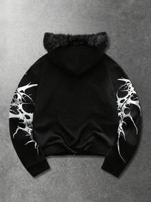 ROMWE MEN Street Life 男士印花保暖连帽卫衣，带毛领，秋冬季 - 黑色 - 查看 2