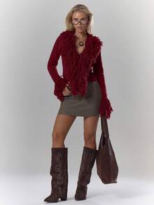 MUSERA Knit Shaggy Trim Fitted Cardigan Sweater Cosy Fluffy Cute Casual Coffee Club Winter Spring Valentines Day - Burgundy - View 3