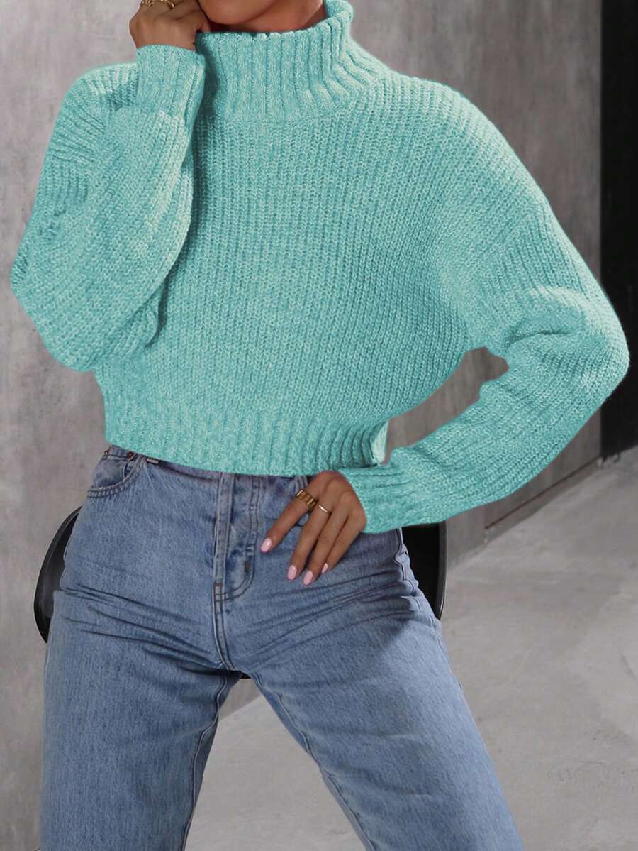 Calvaya Women Casual Solid High Neck Crop Sweater For Autumn & Winter - Teal Blue - View 1