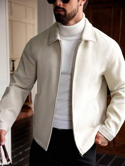 Manfinity Homme Plus Size Men's Long Sleeve Casual Solid Color Minimalist Zip-Up Coat, Autumn Cream Men Beige Men Cream Coat White